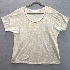 Chico's 100% Linen Tropical Floral T-Shirt Sz 2‎ L White Beige Vacation Hawaiian